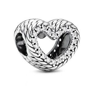 Snake Chain Pattern Open Heart Charm with CZ Halos